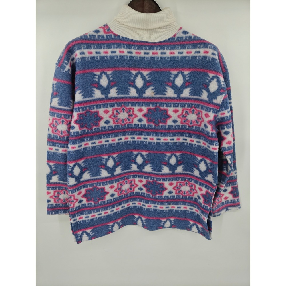 Vintage Argee Women Fleece Pullover Turtleneck Blue Pink Geometric Fair Isle S